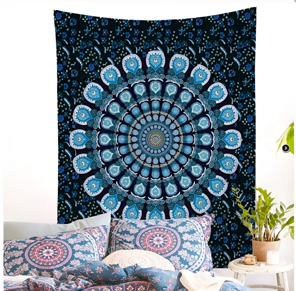 Printed mandala tapestry wall hanging in polyester with green, orange, purple colour options and multiple sizes up to 200x150cm