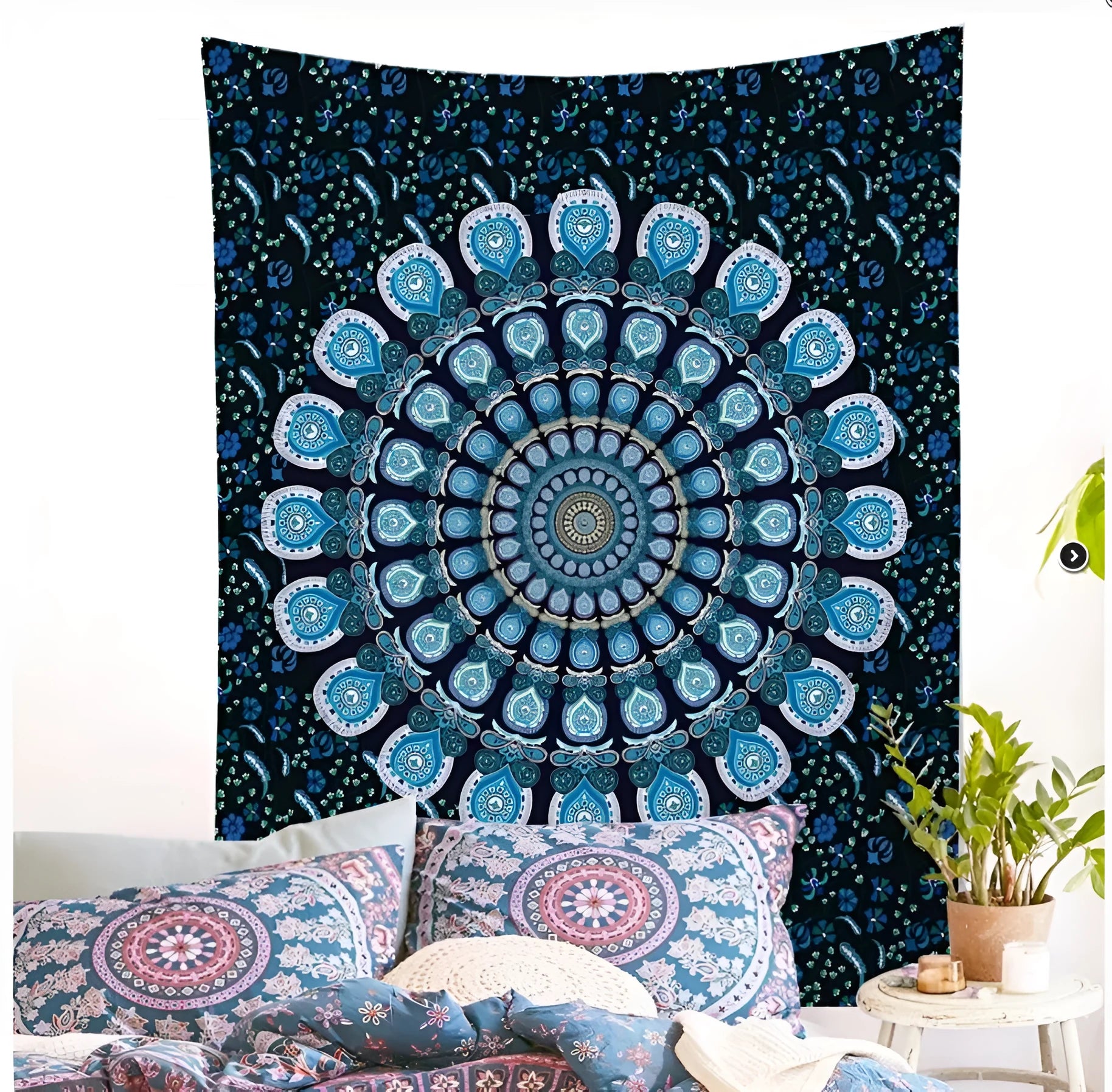 Printed mandala tapestry wall hanging in polyester with green, orange, purple colour options and multiple sizes up to 200x150cm