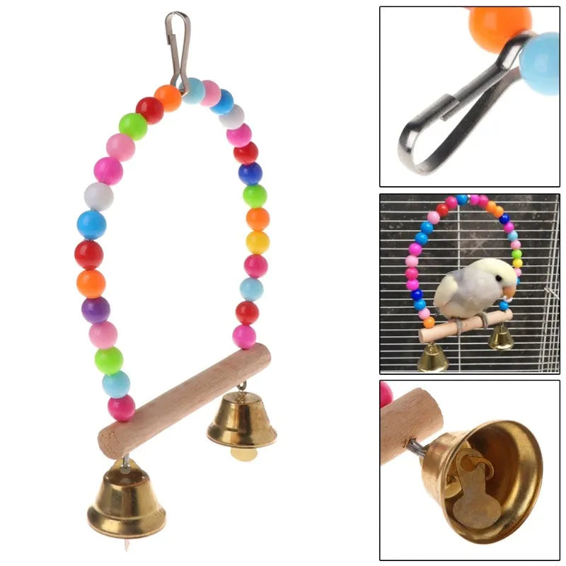 Qianyun small wooden bird swing with coloured beads and two bells, 10cm x 1.4cm x 15cm, hanging cage toy for parrots