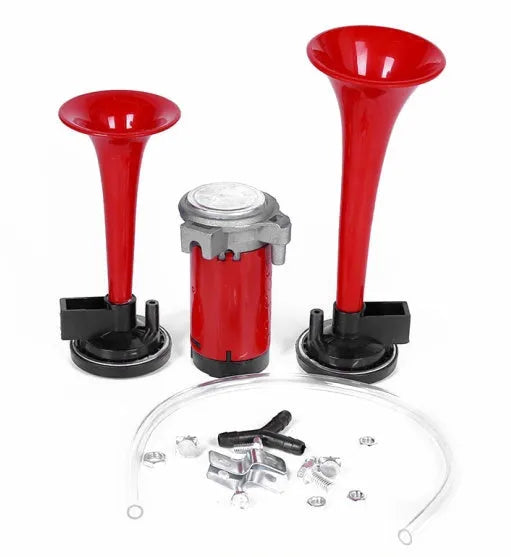 12V electric horn in black or red, 220mm or 170mm length, 105-115dB, 60/50W