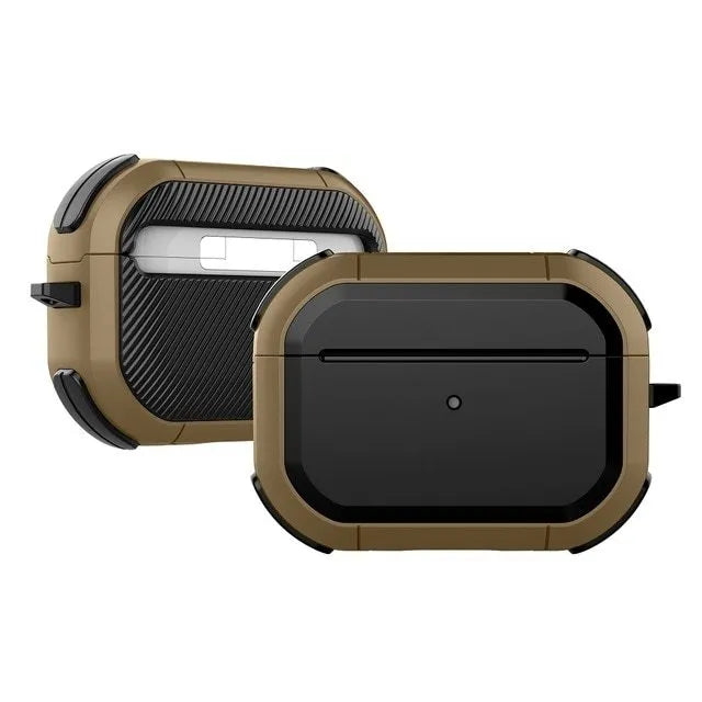 Black TPU and PC protective case for Apple AirPods Pro and AirPods 1/2 models on a white background.