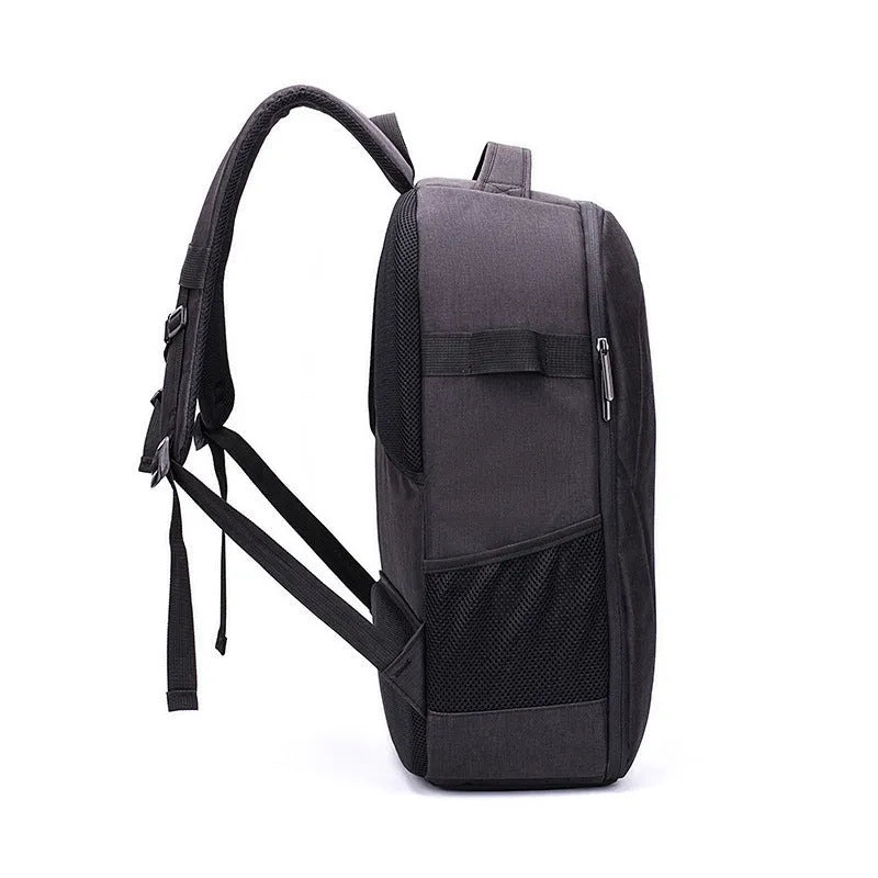 Black Oxford cloth UAV backpack with multiple compartments for drone and camera equipment