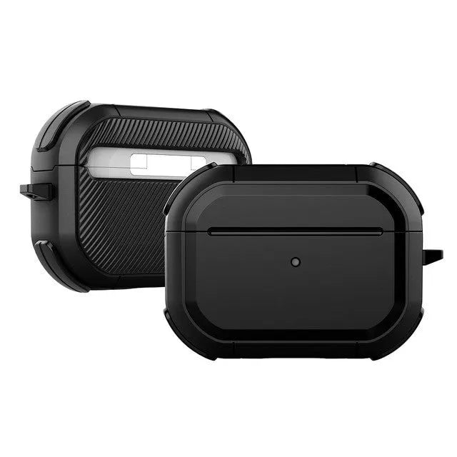 Black TPU and PC protective case for Apple AirPods Pro and AirPods 1/2 models on a white background.