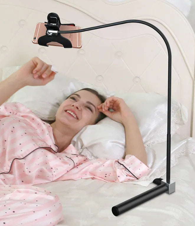 Black and white mobile phone bed bracket and floor stand with universal holder for overhead viewing