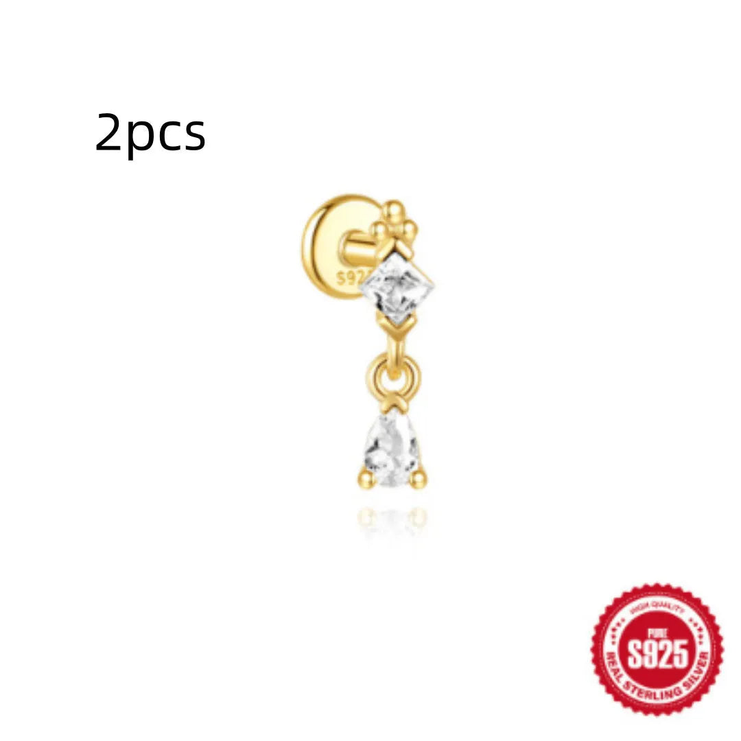 Geometric water drop shaped S925 sterling silver earrings with a flat spiral puncture back, in a gold electroplated finish.
