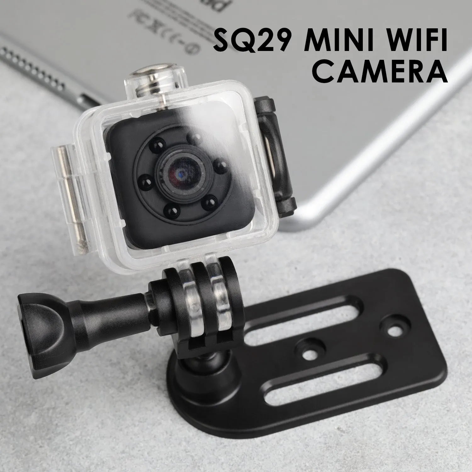 Black SQ29 waterproof sports camera shown with MicroUSB port and support for 32GB TF cards.