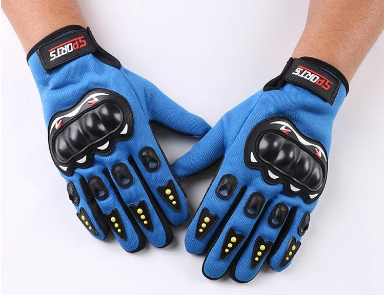 Full finger riding gloves in black, blue, or red with touch screen fingertip, hard shell, anti-slip palm, and Velcro closure