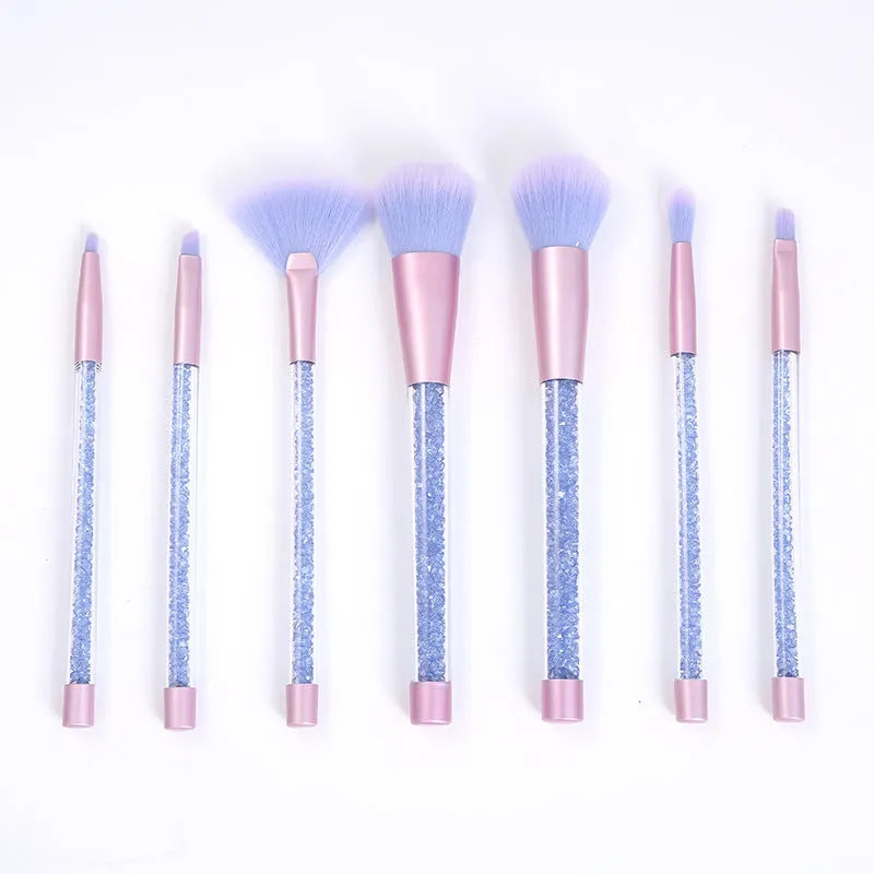 7-piece makeup brush set with rayon bristles, PU tip, long plastic handle, 20cm length, pink colour