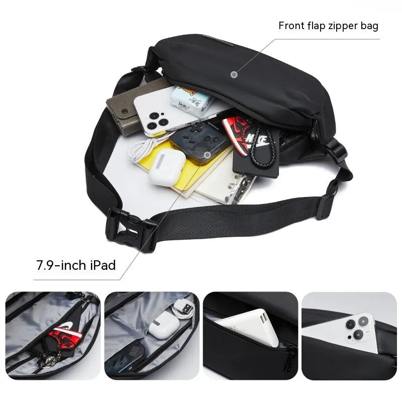 Black men's messenger bag in oxford cloth with cross-body strap and street style details