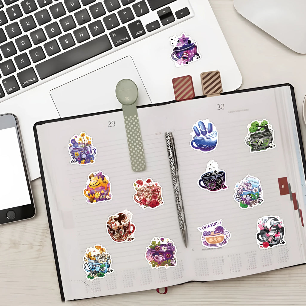Pack of 50 colourful tea cup graffiti waterproof stickers for DIY luggage and scooter customisation.