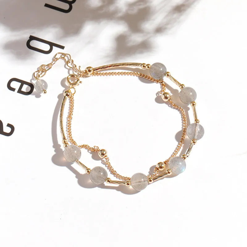 Double-layer crystal bracelet with moonstone accents in electroplated moonlight copper finish