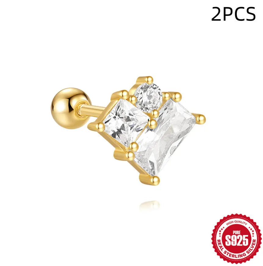 S925 sterling silver flower-shaped stud earrings with square gravel texture in gold electroplated colours