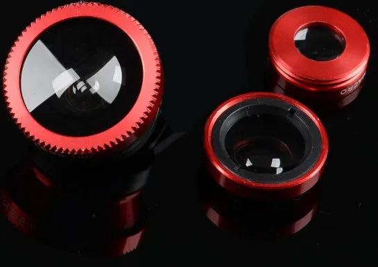 Mobile phone fisheye lens three-in-one kit with fisheye, wide-angle, and macro attachments in various colours