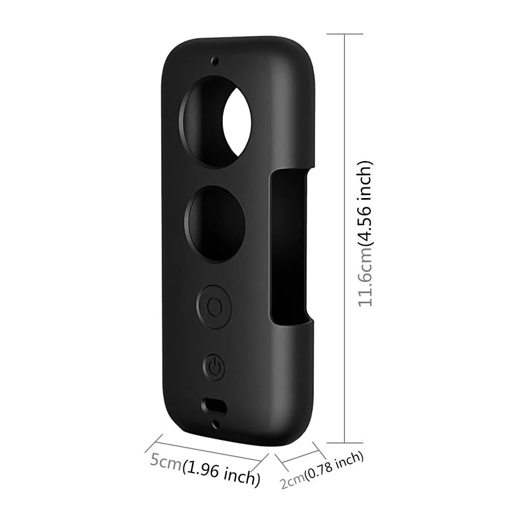 Black silicone protection case for Insta360 One X camera showing precise hole positioning