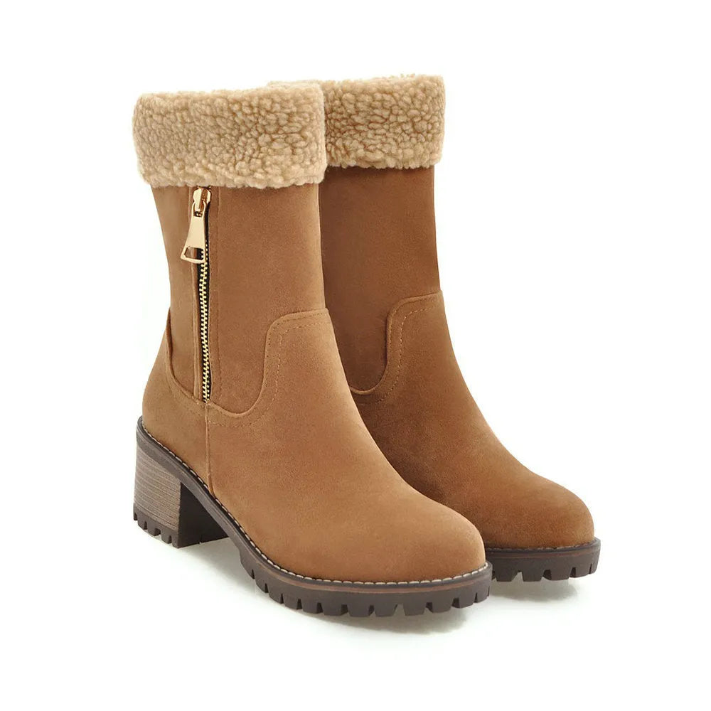 Women's snow boots with plush lining and rubber soles in black, grey, green, orange