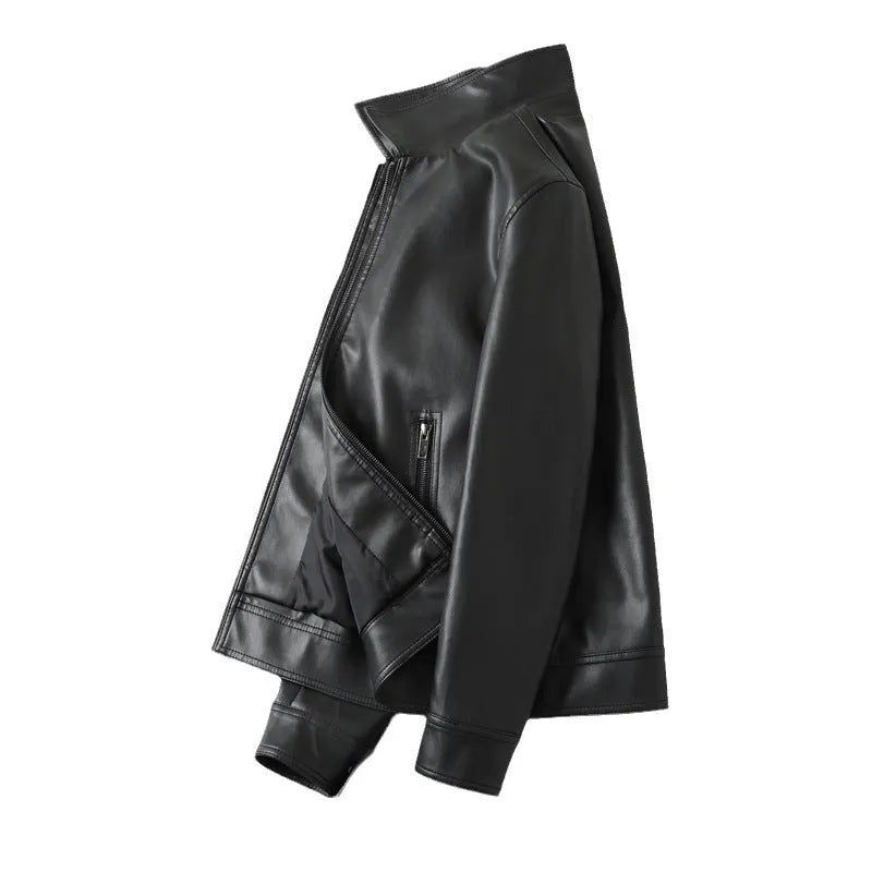 Men's black loose-fit PU leather casual jacket with zipper pockets.