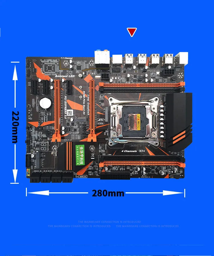 Black X99 motherboard with LGA2011-3 socket, four DDR4 slots, dual PCI-E x16, and multiple expansion ports