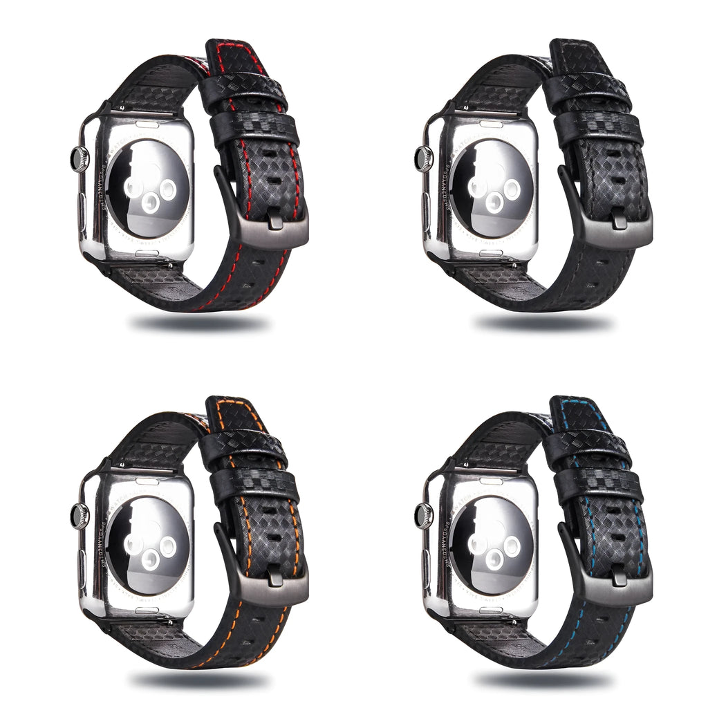Carbon fibre pattern PC hard shell watch case with leather band in multiple colour options for iPhone compatible watches
