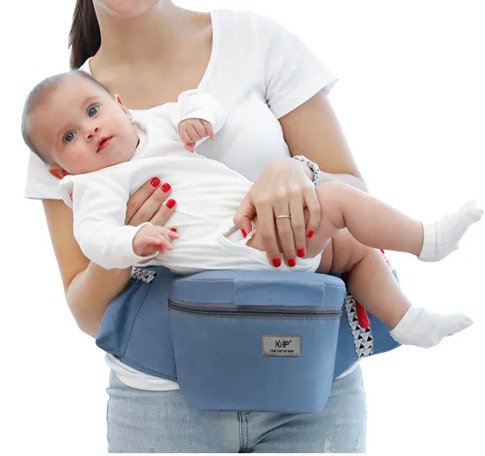 Baby carrier waist stool in cotton and polyester with padded waist belt, 35° hipseat and front zipper bag