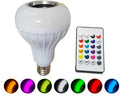 White E27 Bluetooth LED bulb with integrated speaker and remote control for 16-colour RGB lighting