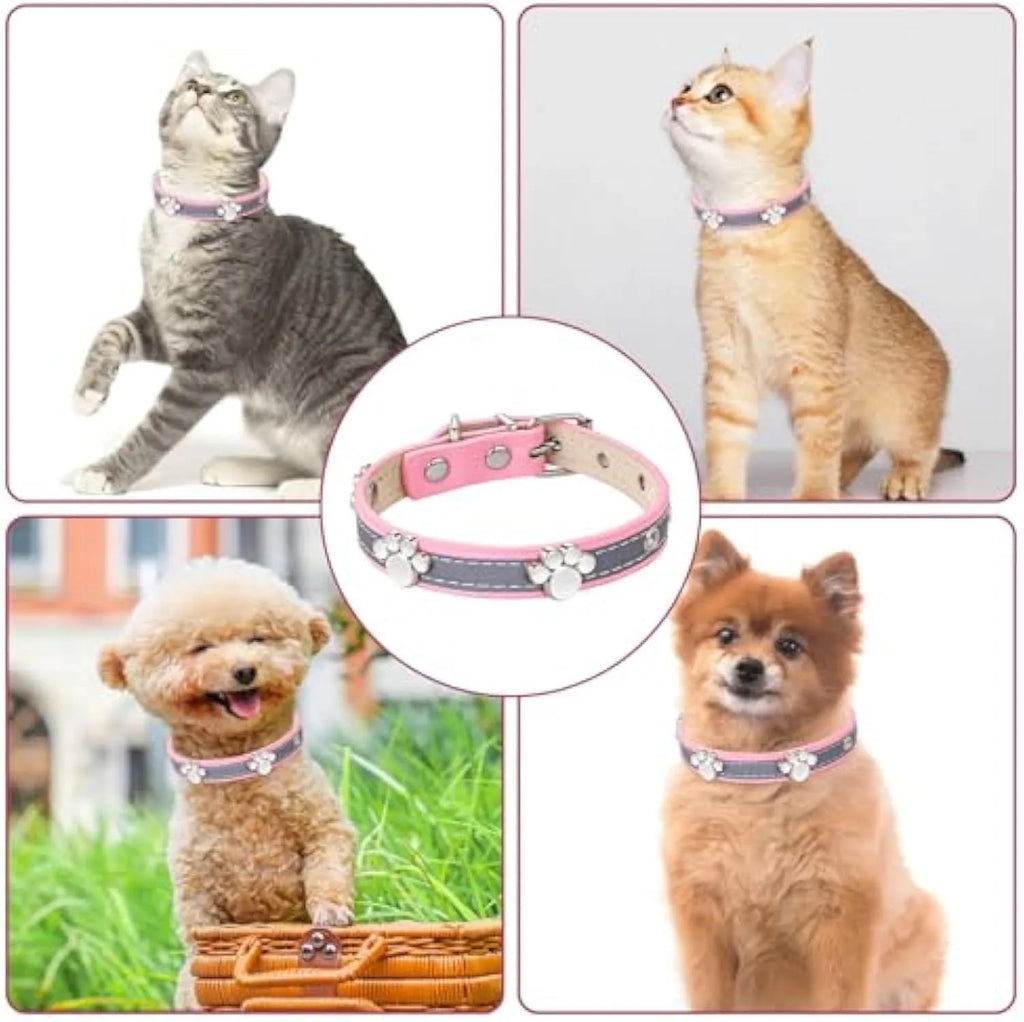 Reflective adjustable leather dog collar for small medium large dogs with cute paw rivet and metal buckle.