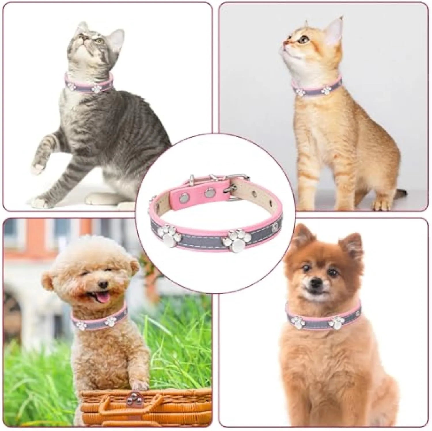 Reflective adjustable leather dog collar for small medium large dogs with cute paw rivet and metal buckle.