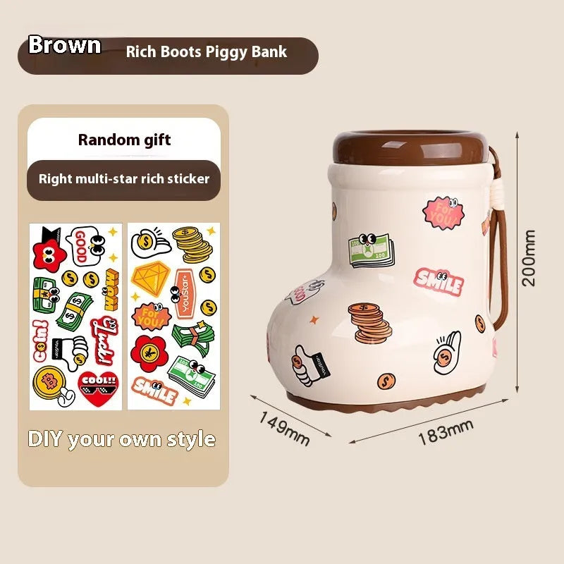 Cartoon-style plastic desktop organiser with grid compartments and red or brown stickers.
