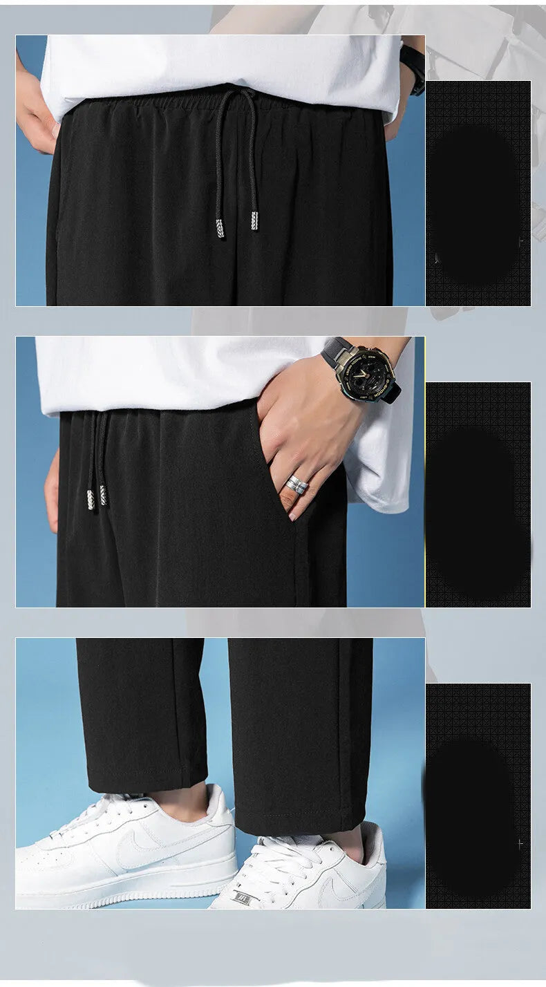 Mens solid colour cropped straight leg pants in black and gray, polyester drawstring waist, sizes M-5XL