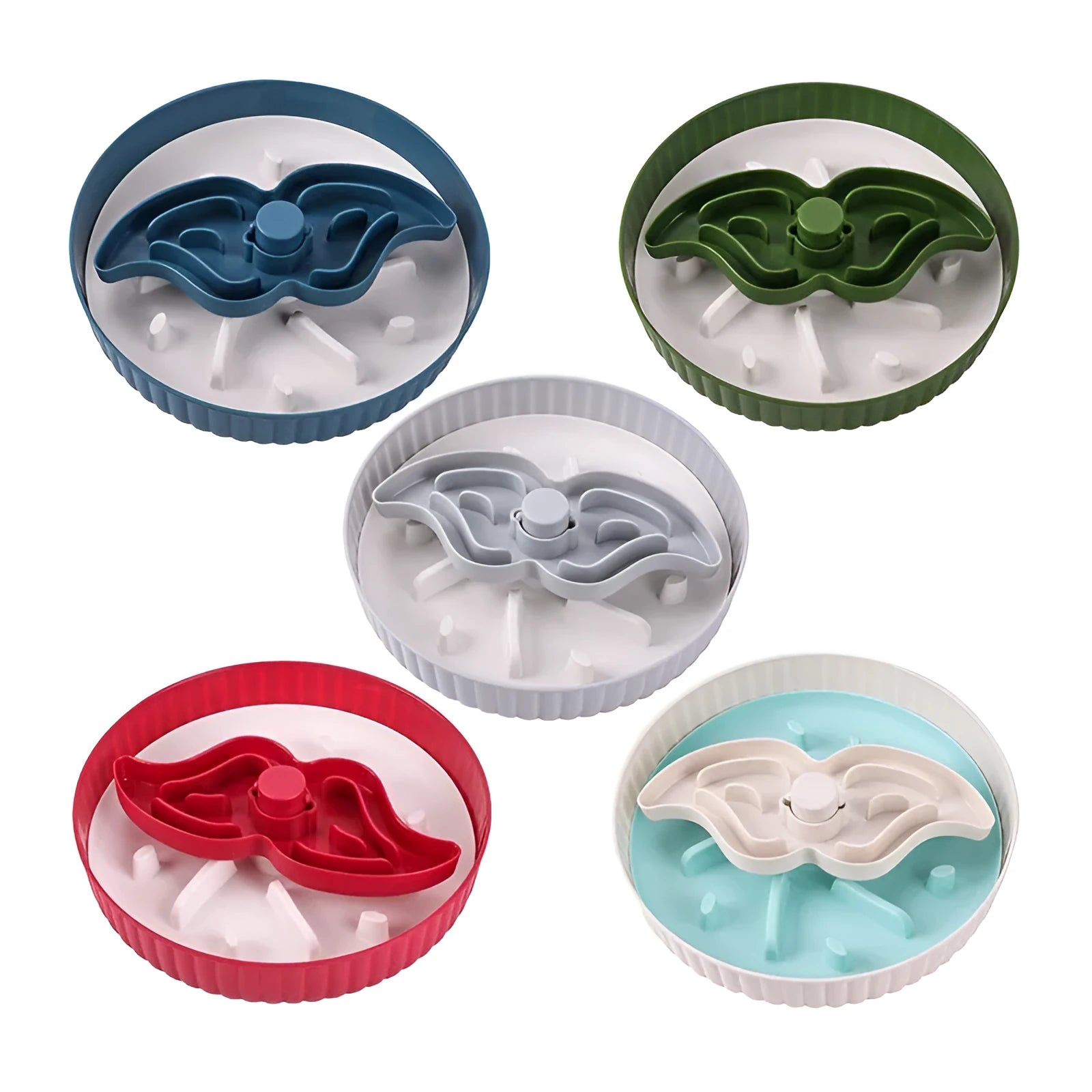 Grey plastic slow feeder pet bowl with windmill pattern and white non-slip silicone base on a kitchen floor.