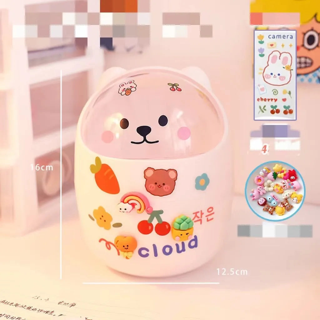 Plastic mini bear shaped desktop trash can with press-type lid in beige gray, includes stickers and garbage bags