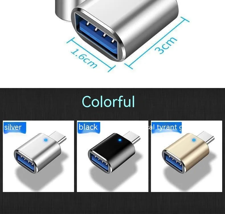 USB 3.0 to Type-C OTG adapter with indicator light in black, silver, and gold