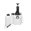 3-litre white plastic brake fluid reservoir tank with copper pump and iron fittings for car maintenance.
