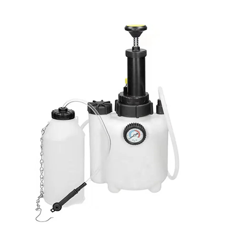 3-litre white plastic brake fluid reservoir tank with copper pump and iron fittings for car maintenance.
