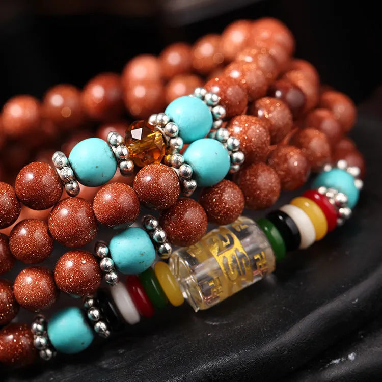 Golden star stone mantra bracelet with 108 pieces, multi-circle design and fu character detailing