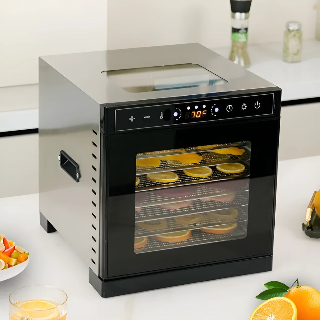Stainless steel food dehydrator with multiple trays and an LED control panel.