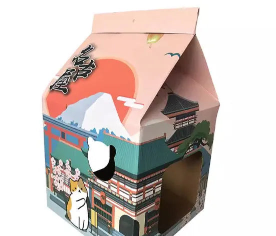 Foldable corrugated paper cat scratching board in Nagoya design colour serving as multi-purpose cat nest