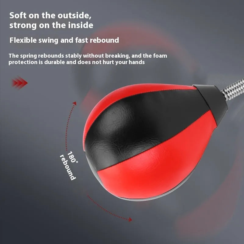 PU pear-shaped hanging boxing speed ball with elastic cord and red/black ball head, shown with pump and mounting accessories.