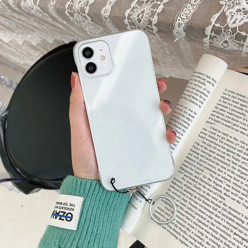 Borderless transparent anti-drop PC phone case with mirror finish and blue lanyard for Apple iPhone