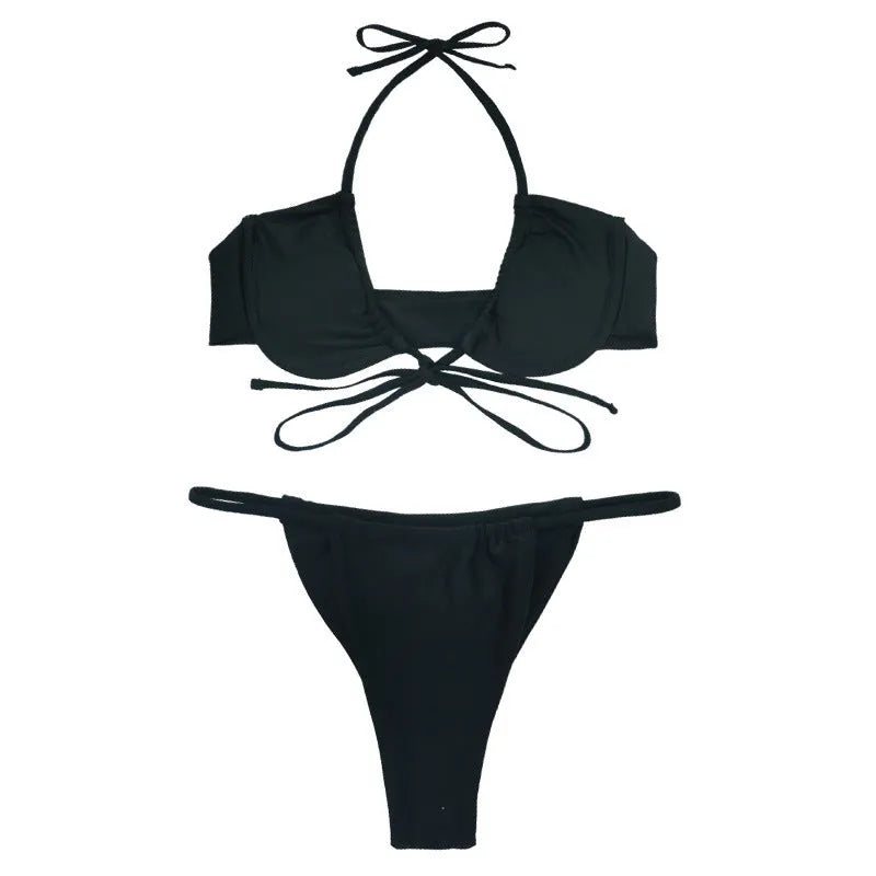 Women's black and mint green nylon bikini swimsuit set showing front and back views