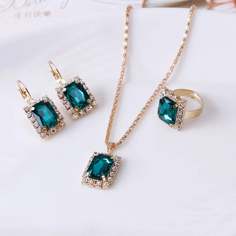 Women's alloy crystal square three-piece jewellery set with necklace, earrings, and ring