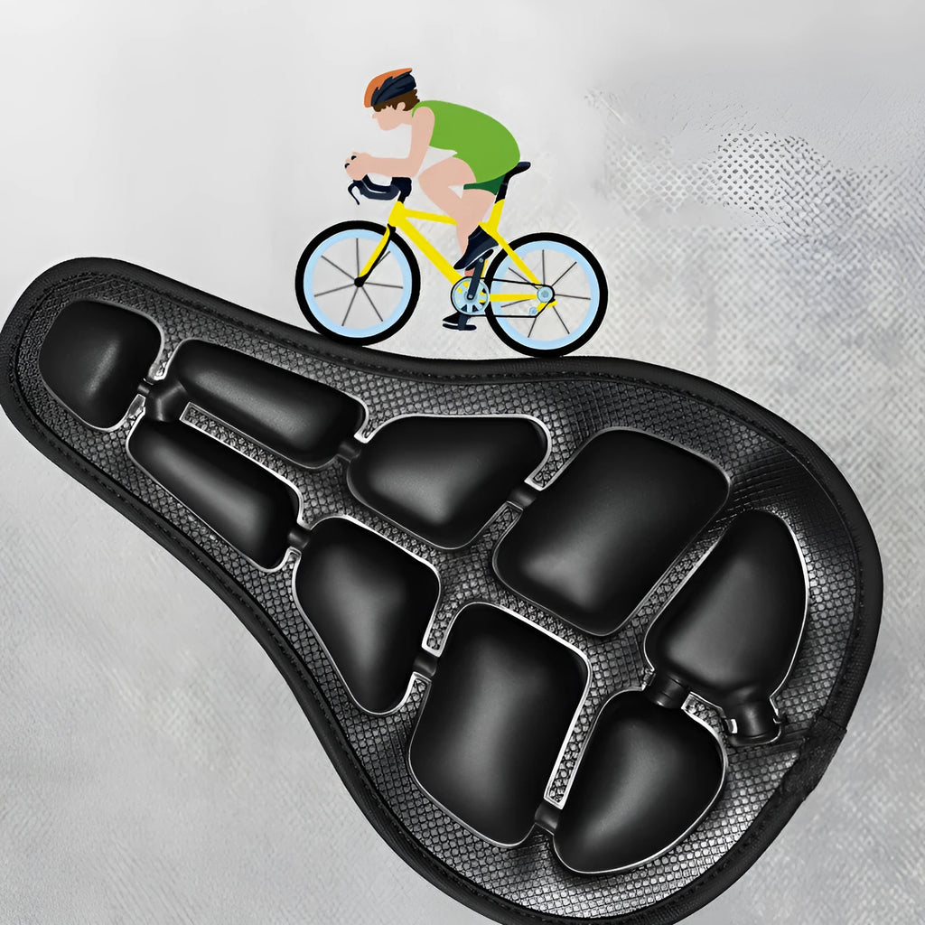 Black mountain bike saddle cushion with TPU and fabric layers on a black saddle