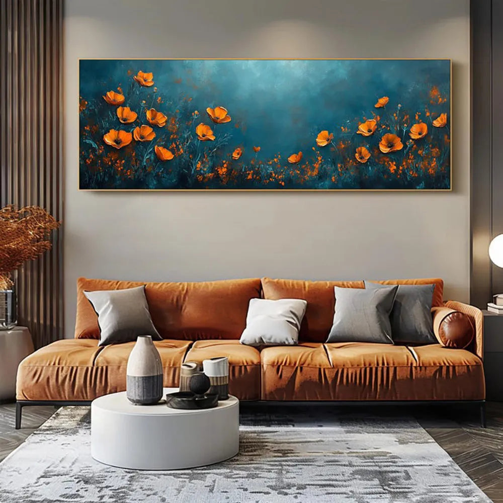 Abstract floral handmade oil painting on canvas, unstretched frameless, modern horizontal design for home decor