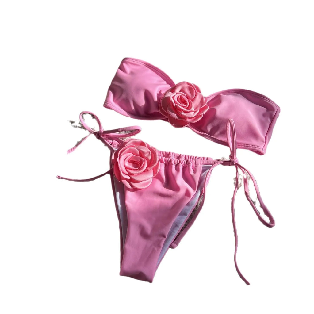 Women's drawstring tube top swimsuit with split briefs in solid colour options