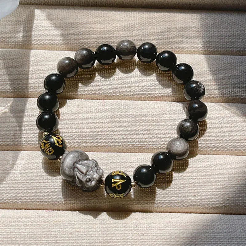 Men's natural silver stone bracelet with handcrafted Chinese zodiac engravings and beaded design