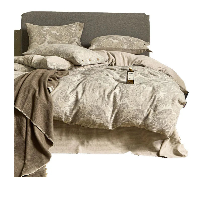 Linen cotton blend jacquard floral bedding four-piece set on a 1.5m double bed with quilt cover and pillowcases in neutral colours
