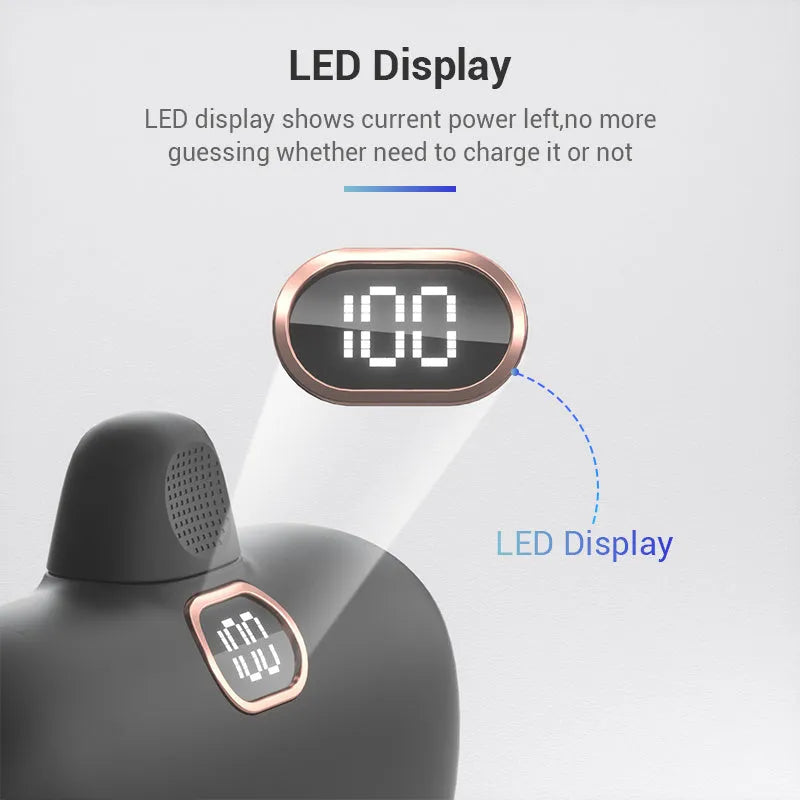 Compact cylindrical alloy power bank with built-in Lightning charging cable showing LCD display.
