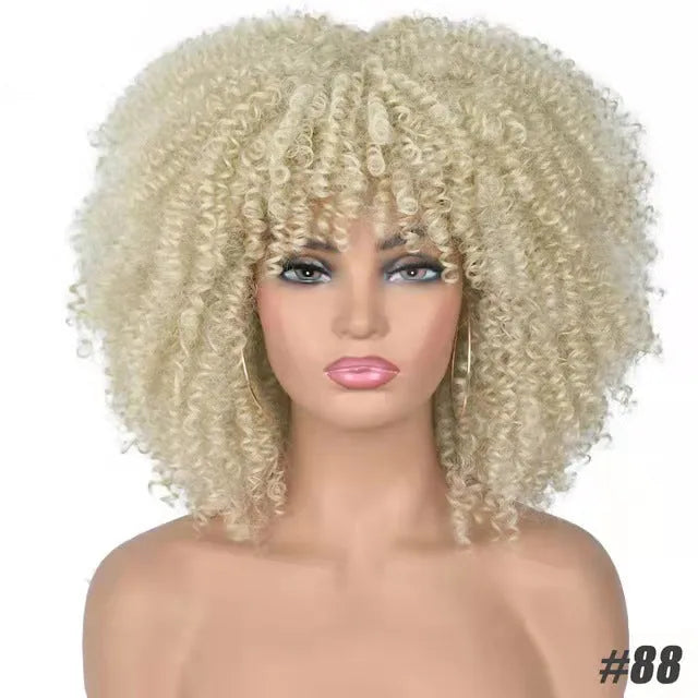 African small curly hair afro wig headgear in high temperature silk with bangs, available in multiple colours
