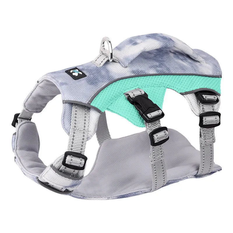 Reflective polyester chest strap for pet cooling clothes in multiple sizes and colours.