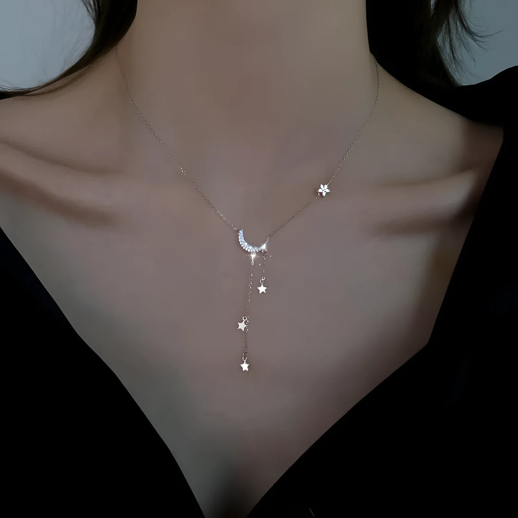 Super Fairy Moon Necklace XINGX tassel star moon pendant copper mixed gem inlay drop shape cross chain silver white