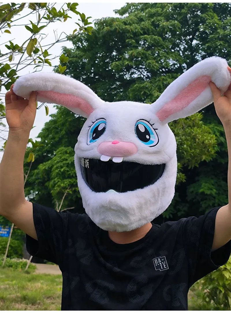 White decorative rabbit head helmet cover for electric motorcycles with long ears